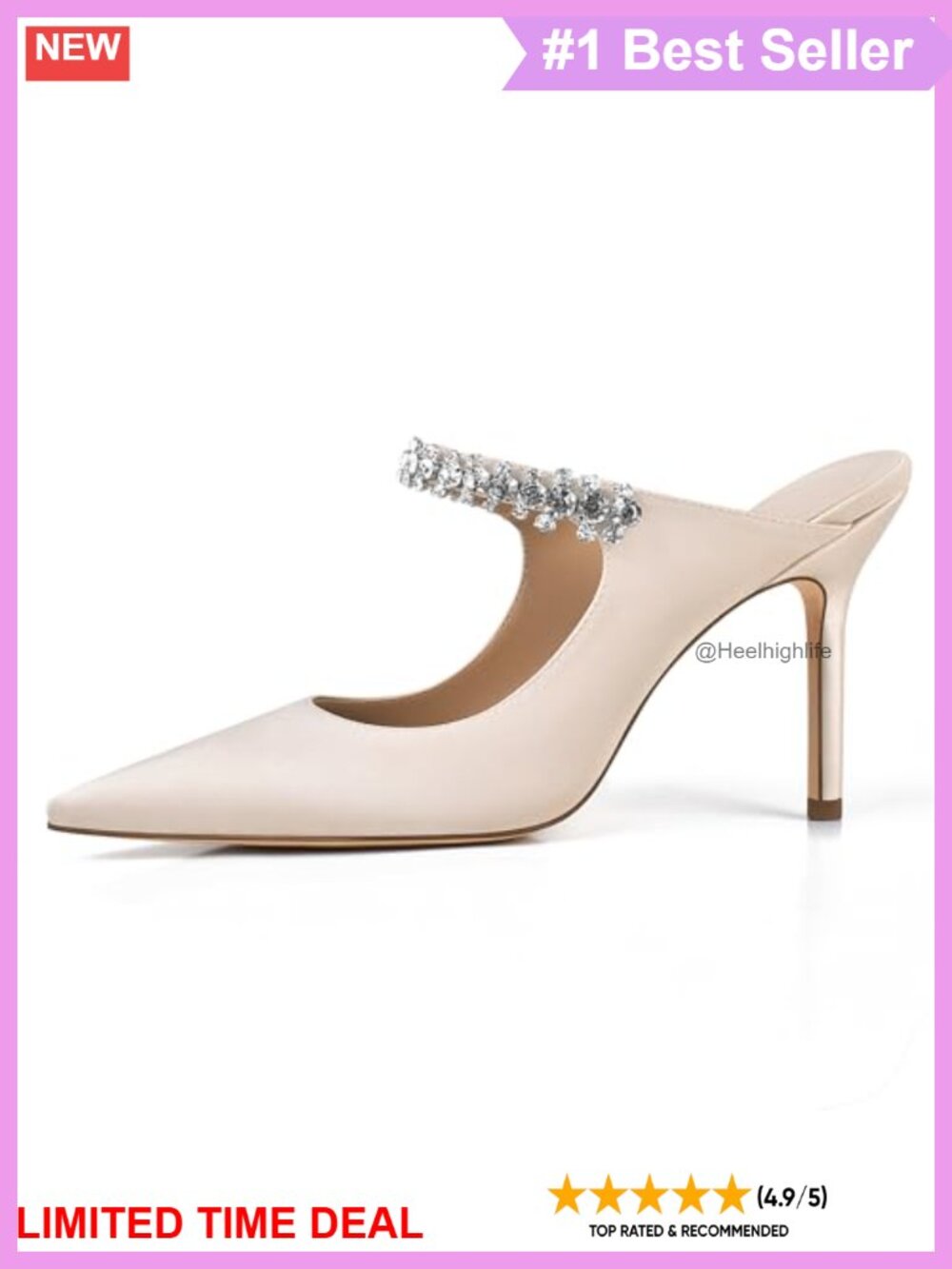 Rhinestone Satin Mule Heels 4 Inch Pointed Toe Slip On Dress Pump